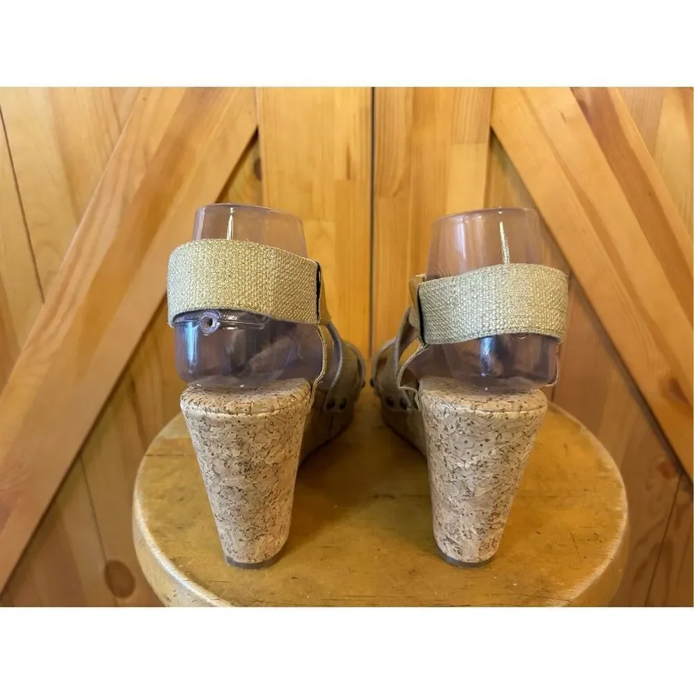 Lucky Brand Sandals Womens 8.5B Marla Cork Wedge Cross Strap Slingback Beige